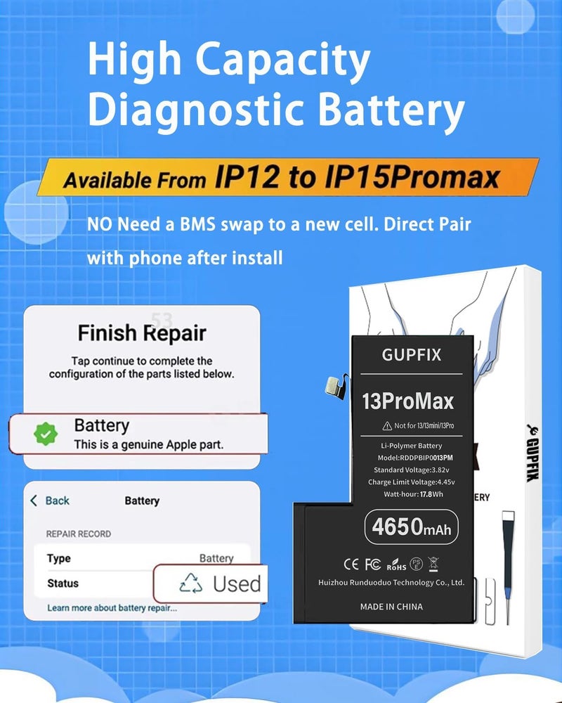GUPFIX Diagnostic Battery for iPhone 13Pro Max No Pop-up Unknown Part Warning, 4650mAh High Capacity Li-Polymer Rechargeable Battery Replacement for iPhone 13Pro Max with Full Tool Kit - Image 3
